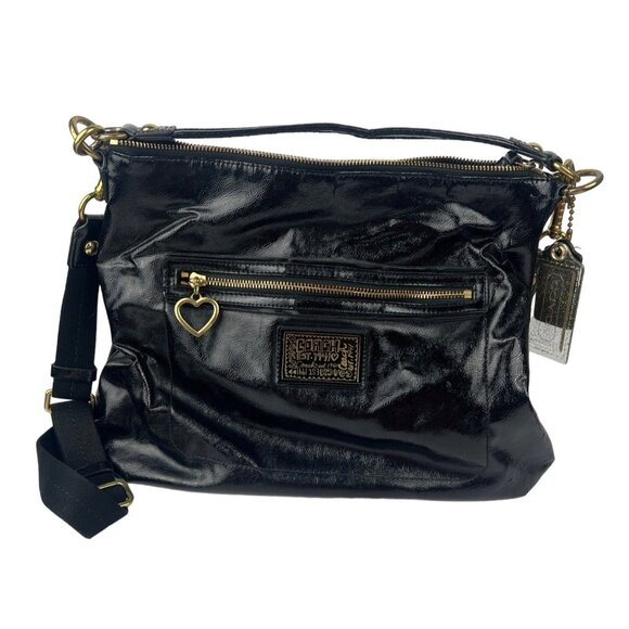 Coach Daisy Patent Leather Gloss Shoulder Bag Black Gold Zip Pendant - Picture 1 of 15